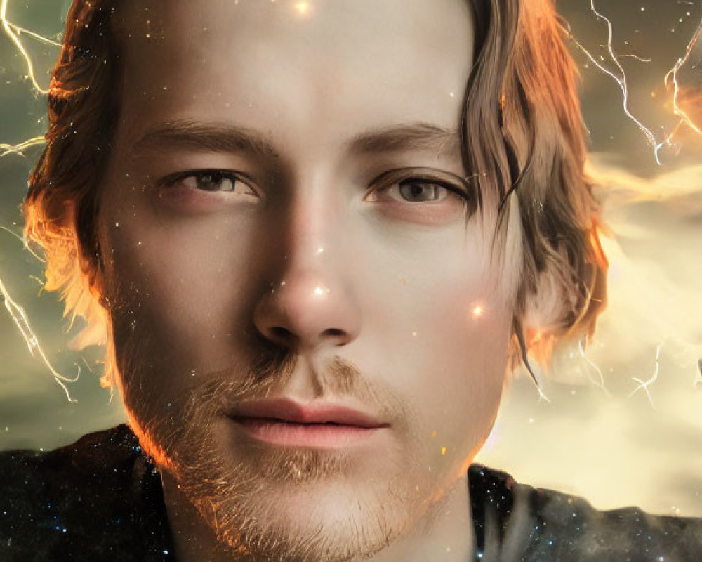 Cosmic-themed portrait with starry effects and dynamic lightning