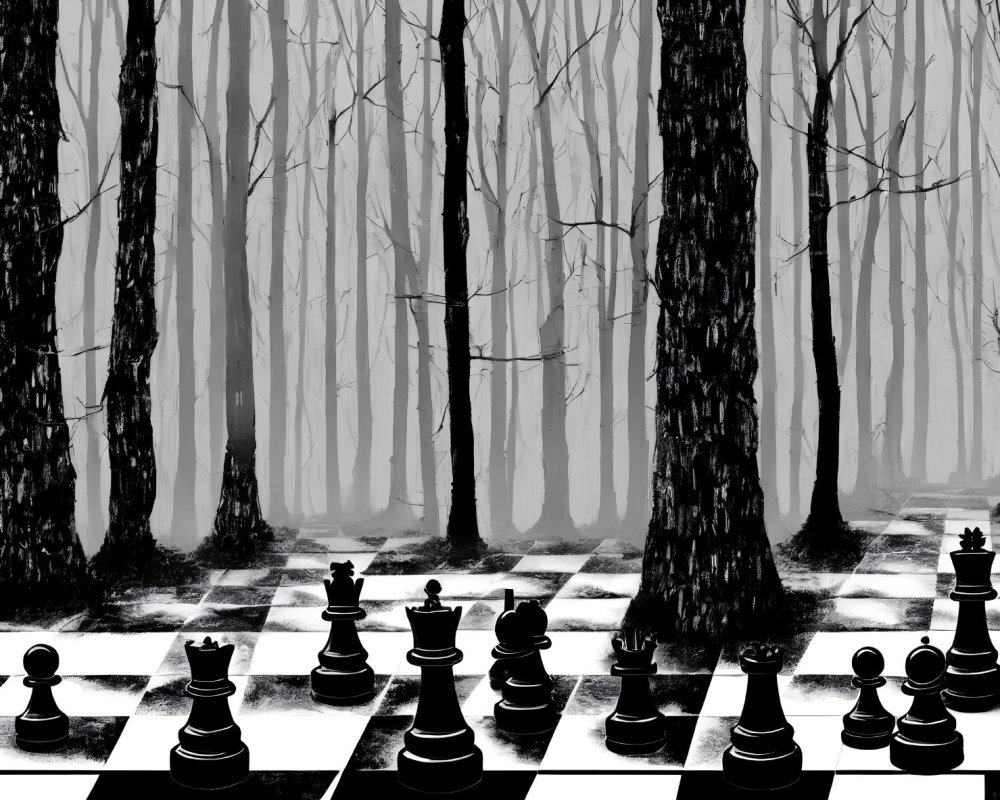 Chess Pieces on Board Transitioning into Monochromatic Forest with Fog