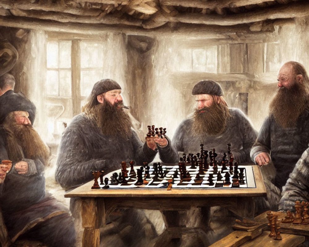 Four bearded individuals in rustic cabin playing chess with observers.