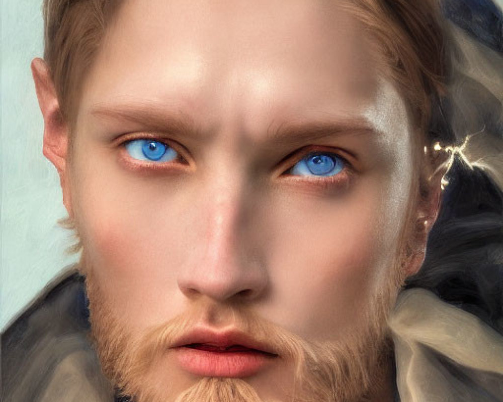 Portrait of a man with blue eyes and blond hair under stormy sky