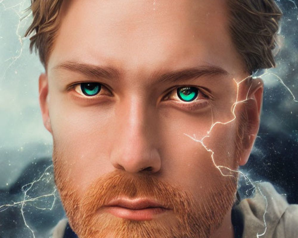 Digitally illustrated portrait of a man with green eyes and lightning on stormy sky background