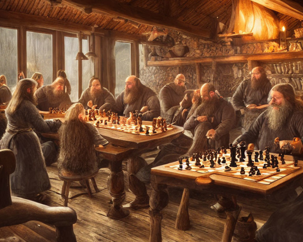 Bearded individuals playing chess in rustic interior