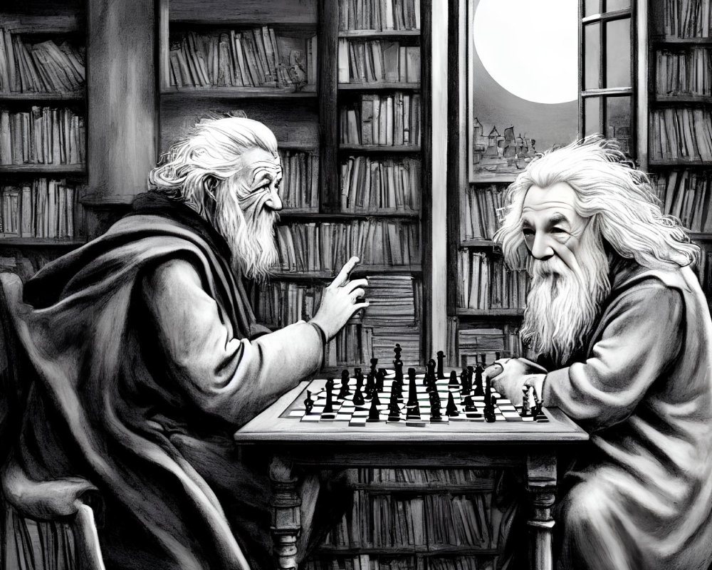 Elderly men playing chess in cozy library under full moon