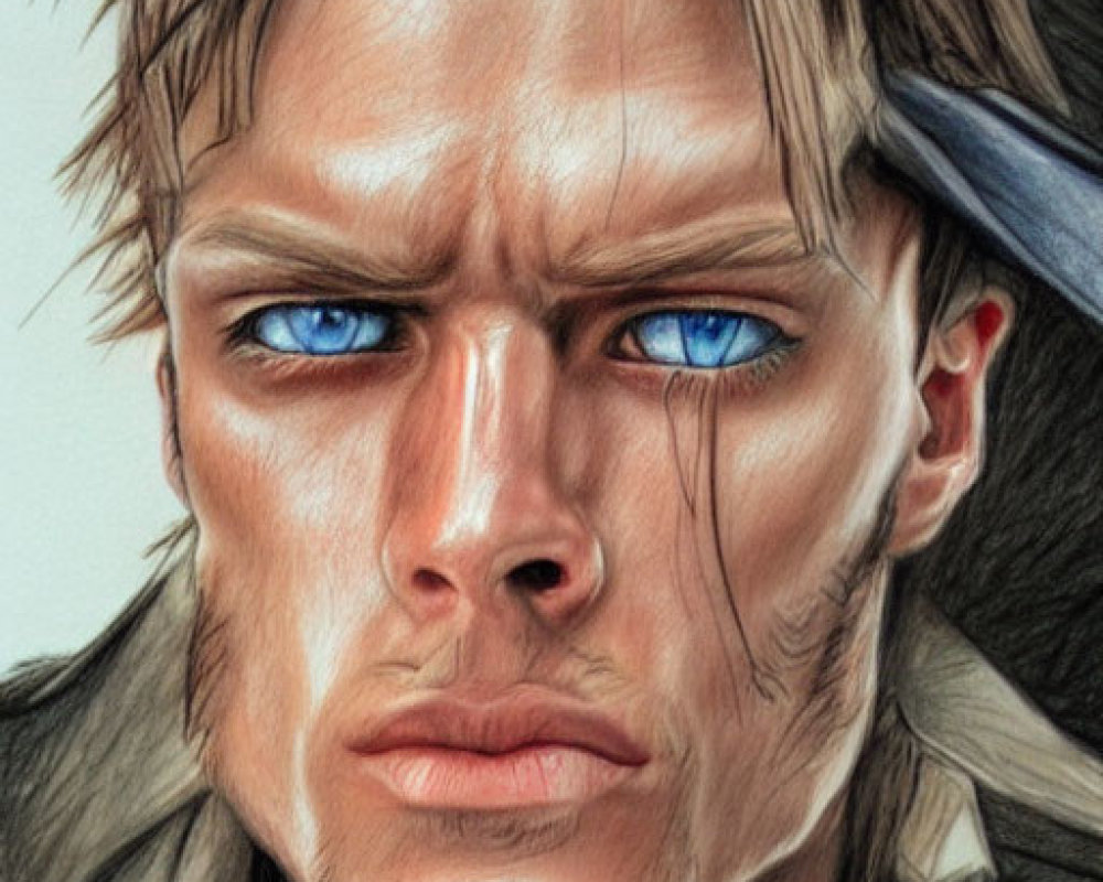 Realistic colored pencil portrait of a man with blue eyes, bandaged forehead, trench coat, and