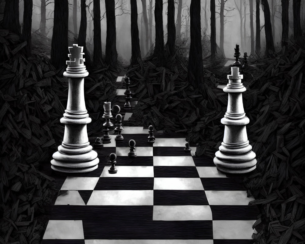 Surreal black-and-white chessboard in misty forest with oversized king and queen pieces