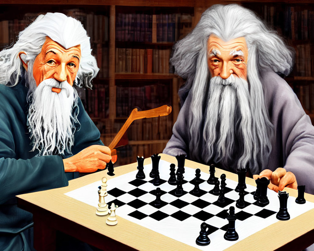 Elderly wizards playing chess in library full of books