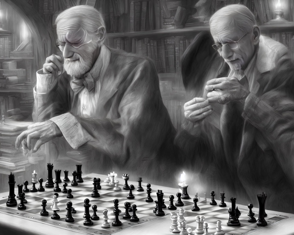 Elderly men playing chess in a library surrounded by books