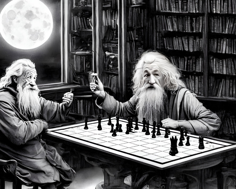 Fantasy scene: Wizards playing chess in moonlit library