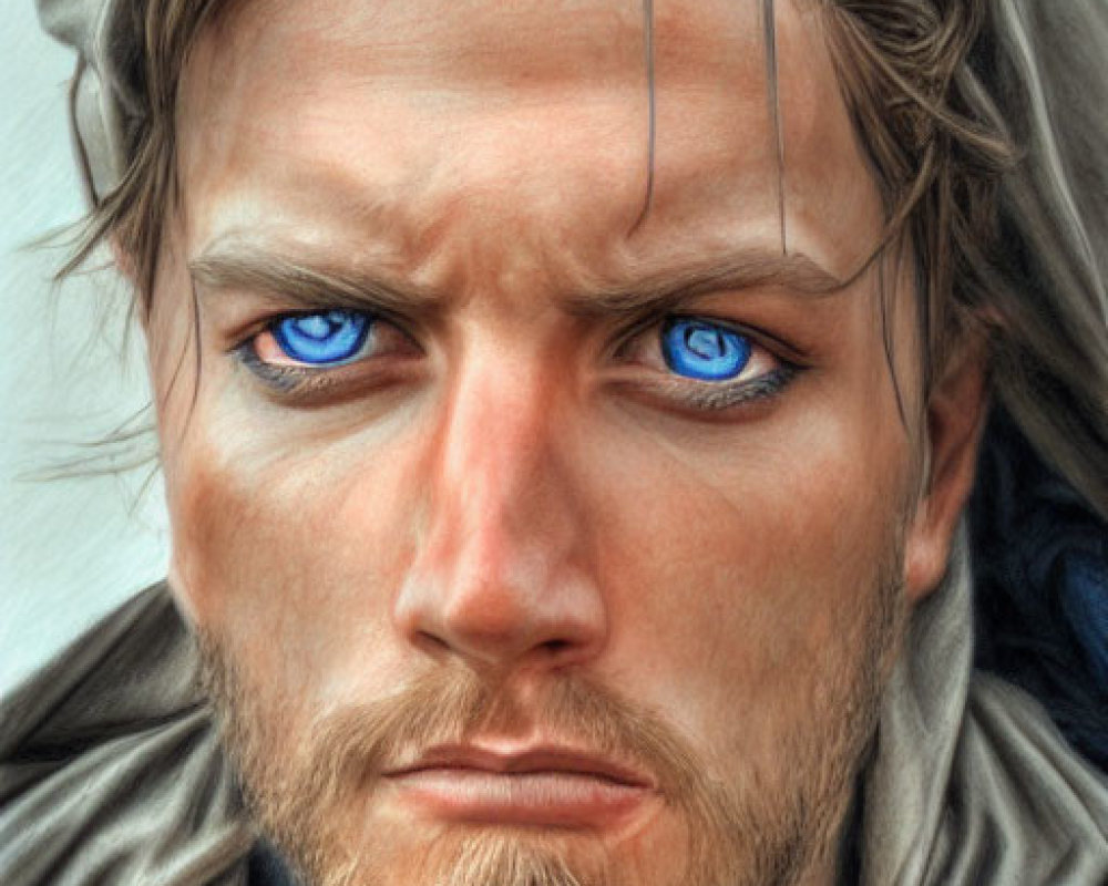 Portrait of a man with blue eyes and hooded cloak