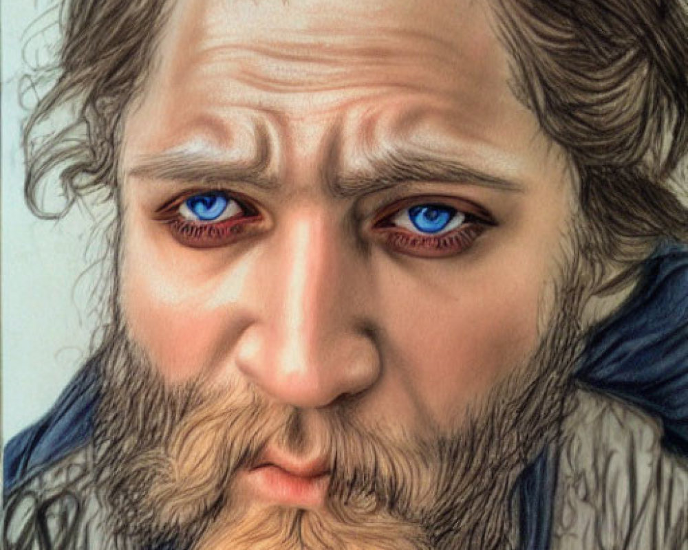 Detailed Drawing of Man with Sorrowful Blue Eyes and Disheveled Hair