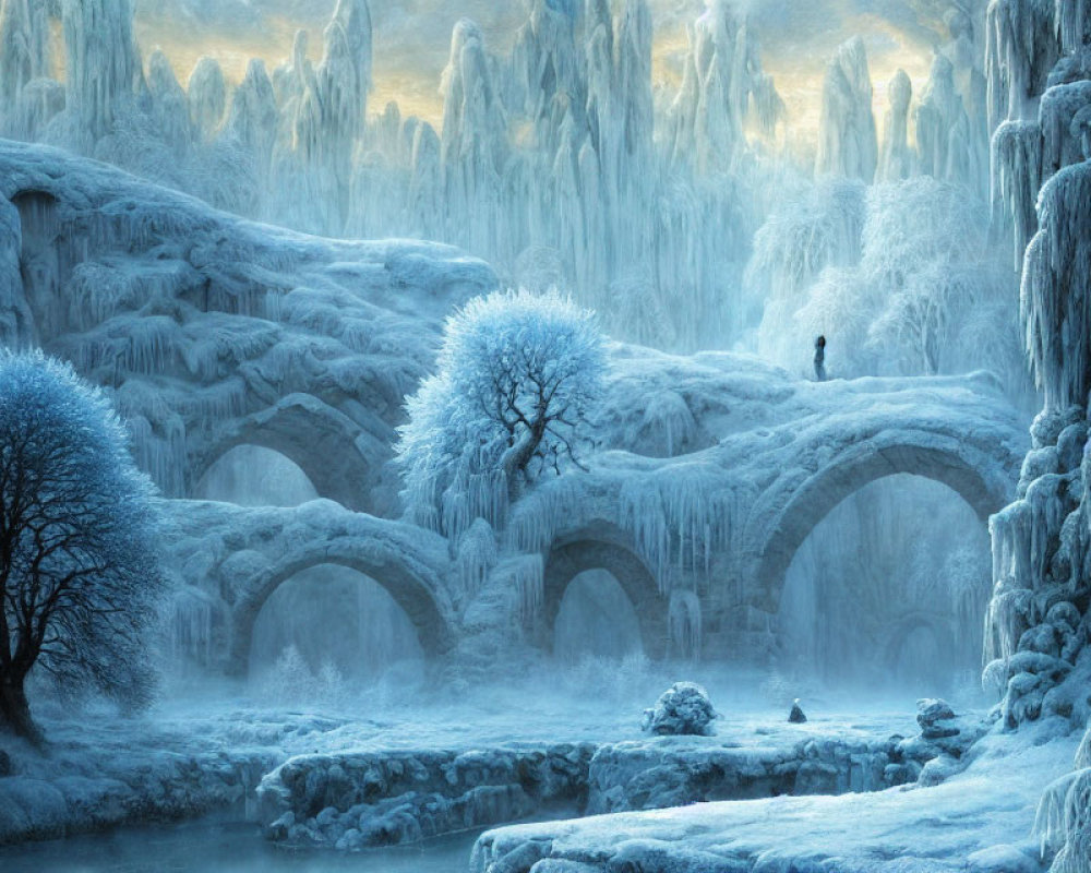 Icy wintry landscape with frost-covered trees and snowy stone bridge