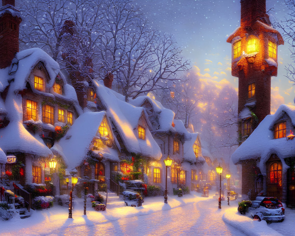 Snow-covered houses and cobblestone street in charming winter scene