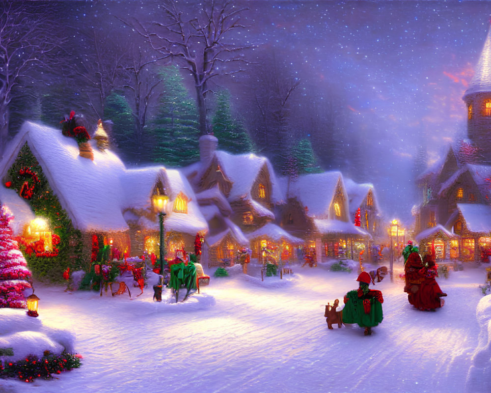 Winter Village Scene: Illuminated Houses, Christmas Tree, Snowfall, Festive Attire