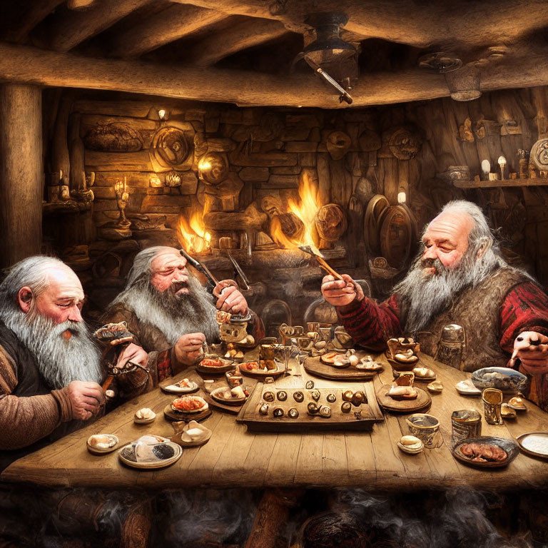 Bearded men playing chess in cozy rustic setting