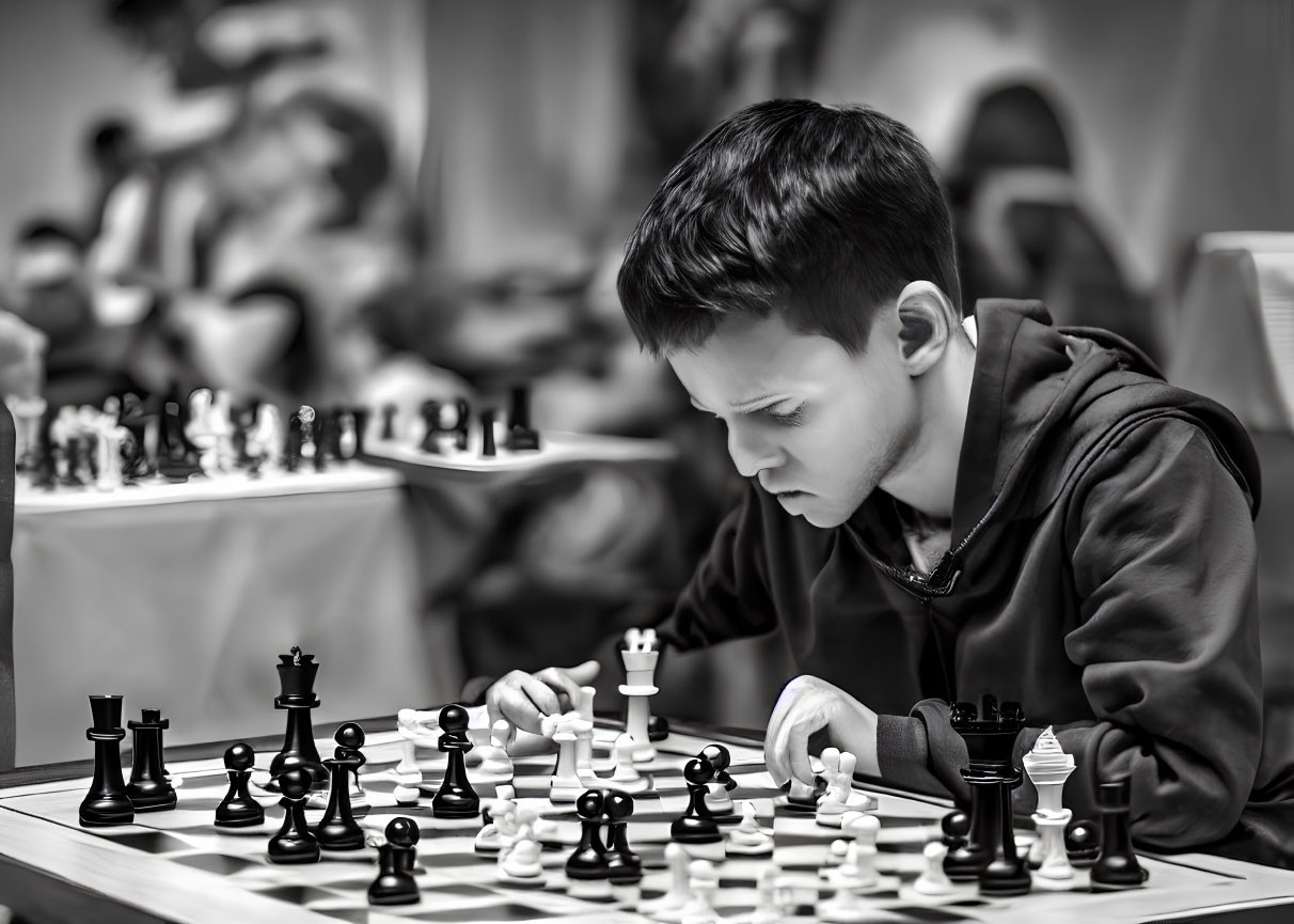 Young boy playing chess with black and white pieces, blurred background players