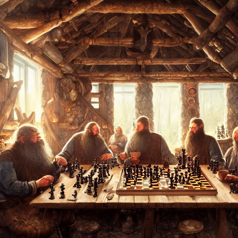 Bearded men playing chess in rustic wooden cabin