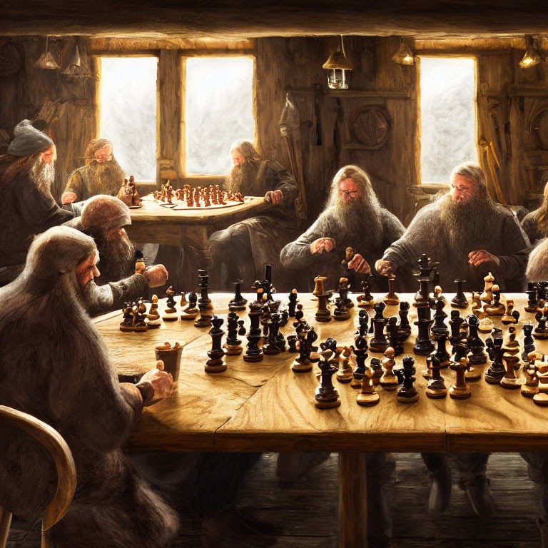 Medieval-themed chess games in rustic cabin setting