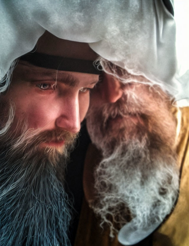 Two men in historical/fantasy costume with beards, one thoughtful and the other contemplative.