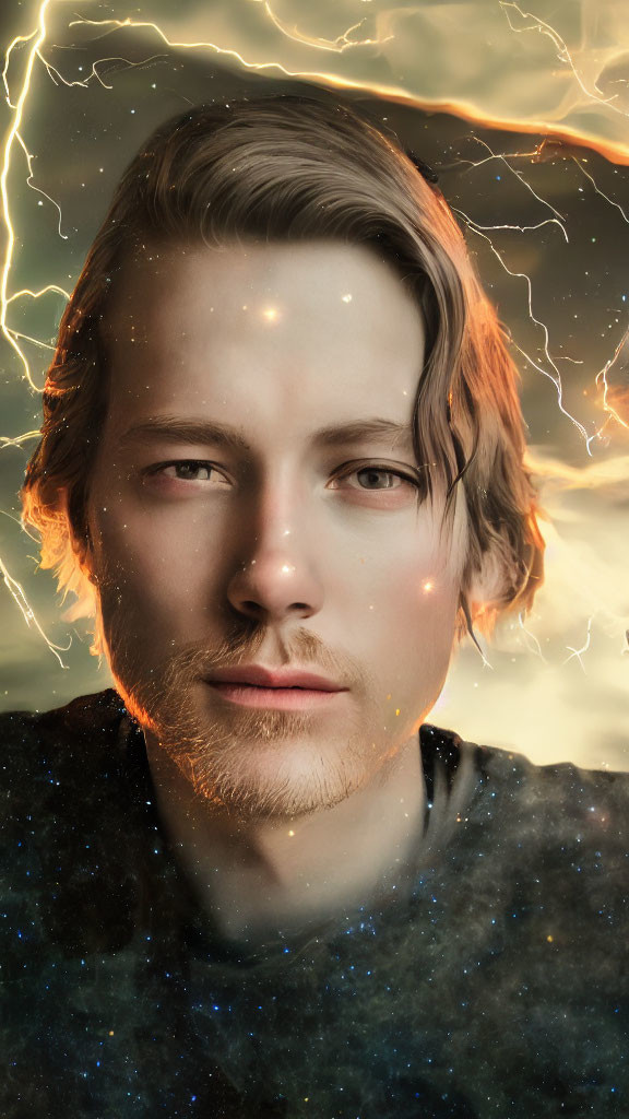 Cosmic-themed portrait with starry effects and dynamic lightning