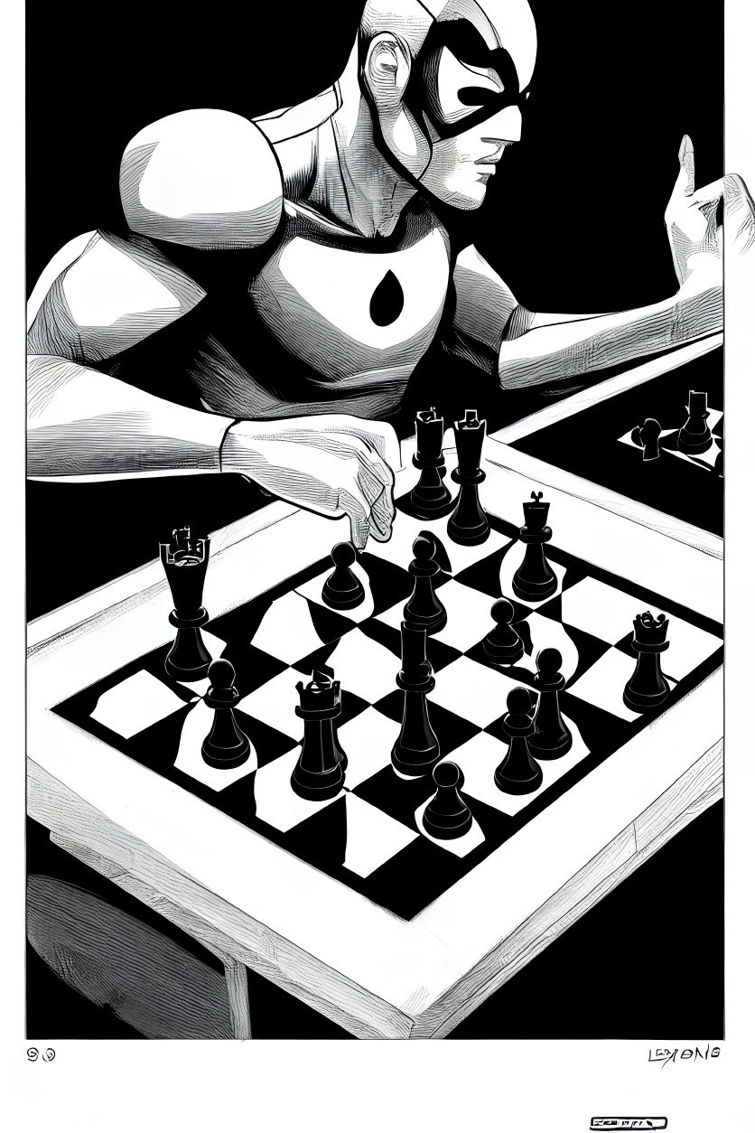 Monochrome superhero chess player in dynamic pose