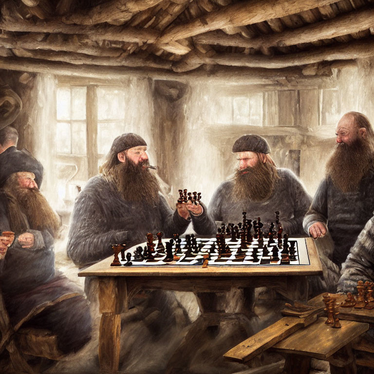 Four bearded individuals in rustic cabin playing chess with observers.