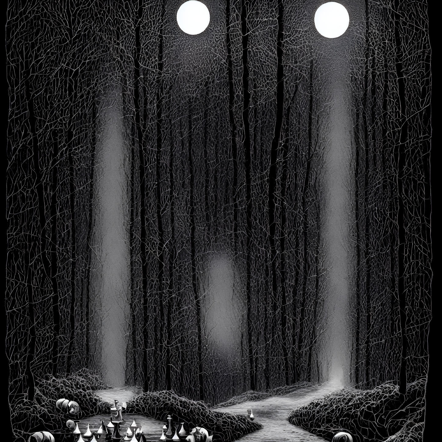 Monochrome spooky forest illustration with chessboard and orbs