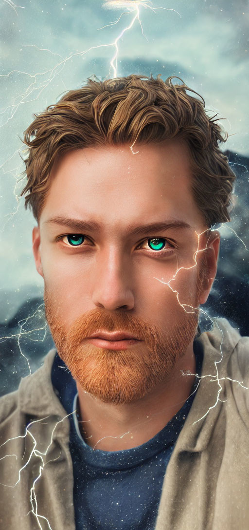 Digitally illustrated portrait of a man with green eyes and lightning on stormy sky background