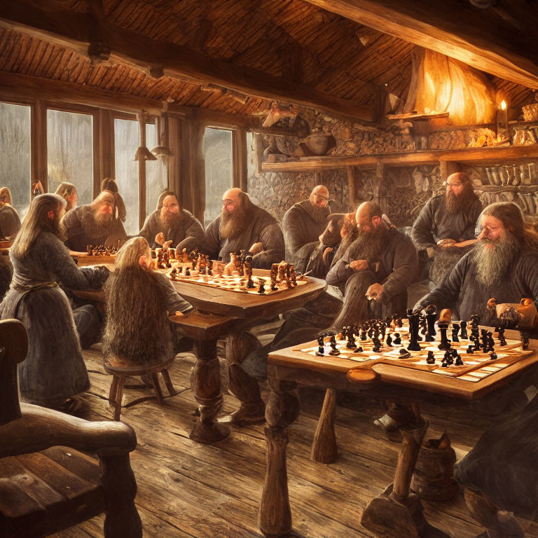 Bearded individuals playing chess in rustic interior