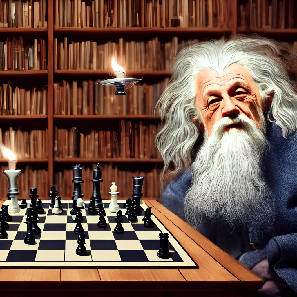 Elderly man with white beard in library with chessboard