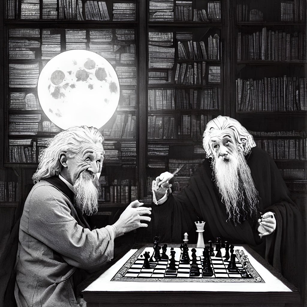 Elderly wizards playing chess in moonlit library