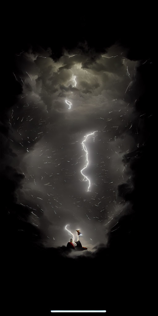 Person standing on hilltop under dramatic stormy sky with lightning bolts