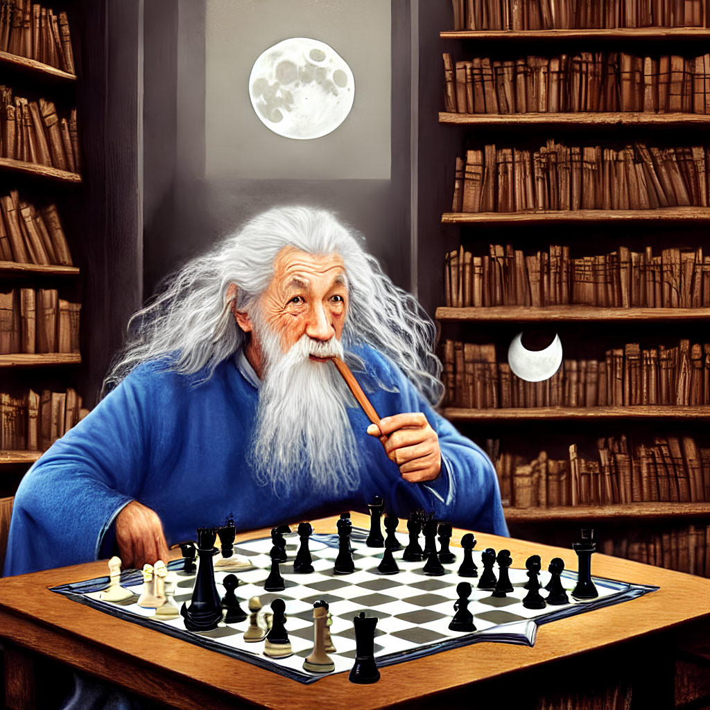 Elderly wizard with white beard playing chess in moonlit library