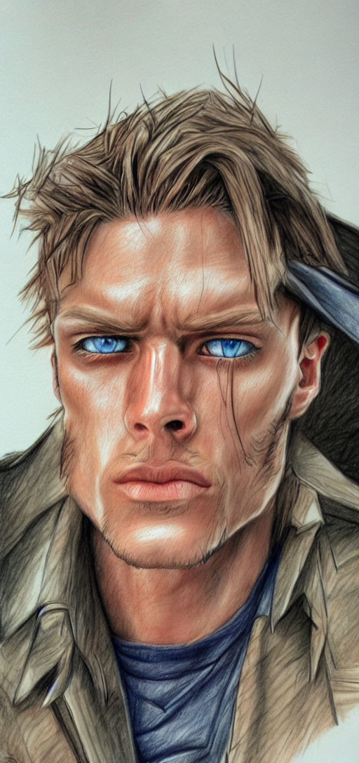 Realistic colored pencil portrait of a man with blue eyes, bandaged forehead, trench coat, and