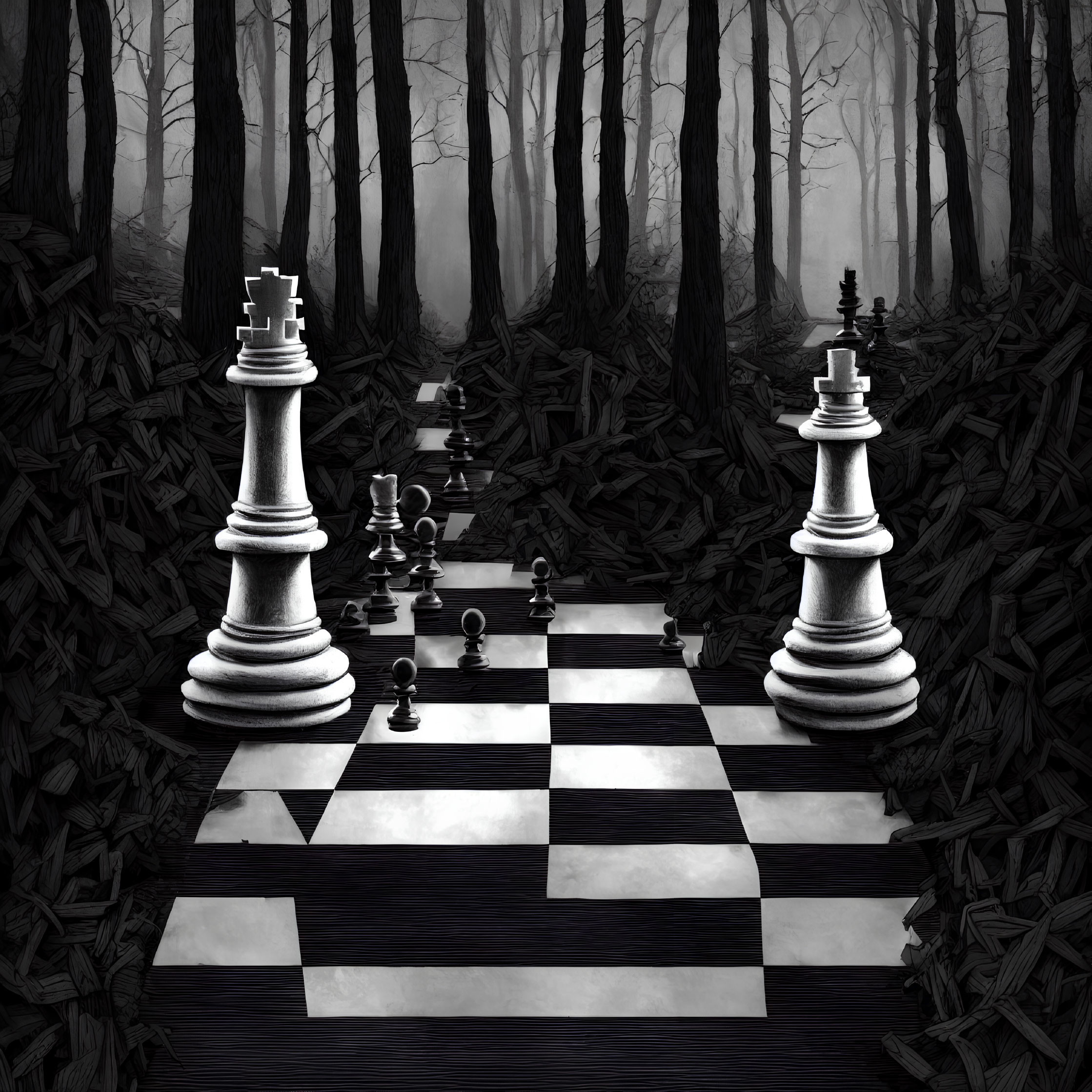 Surreal black-and-white chessboard in misty forest with oversized king and queen pieces