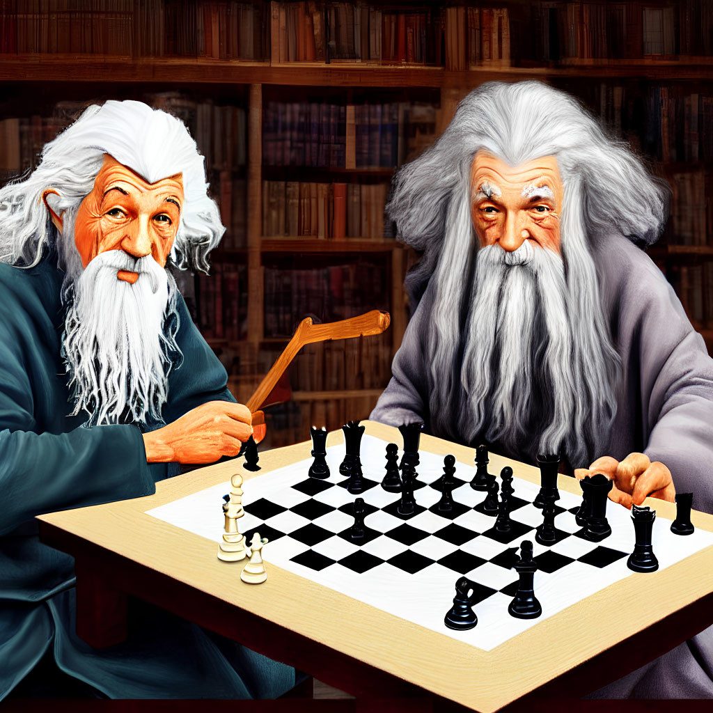 Elderly wizards playing chess in library full of books