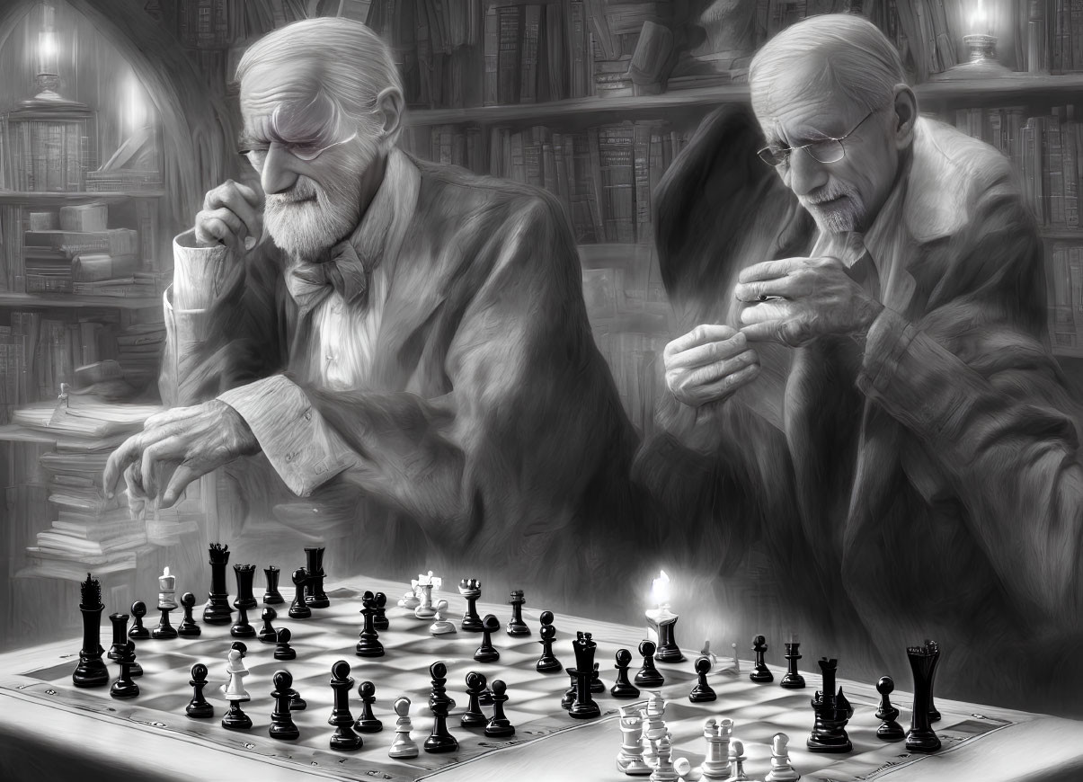 Elderly men playing chess in a library surrounded by books