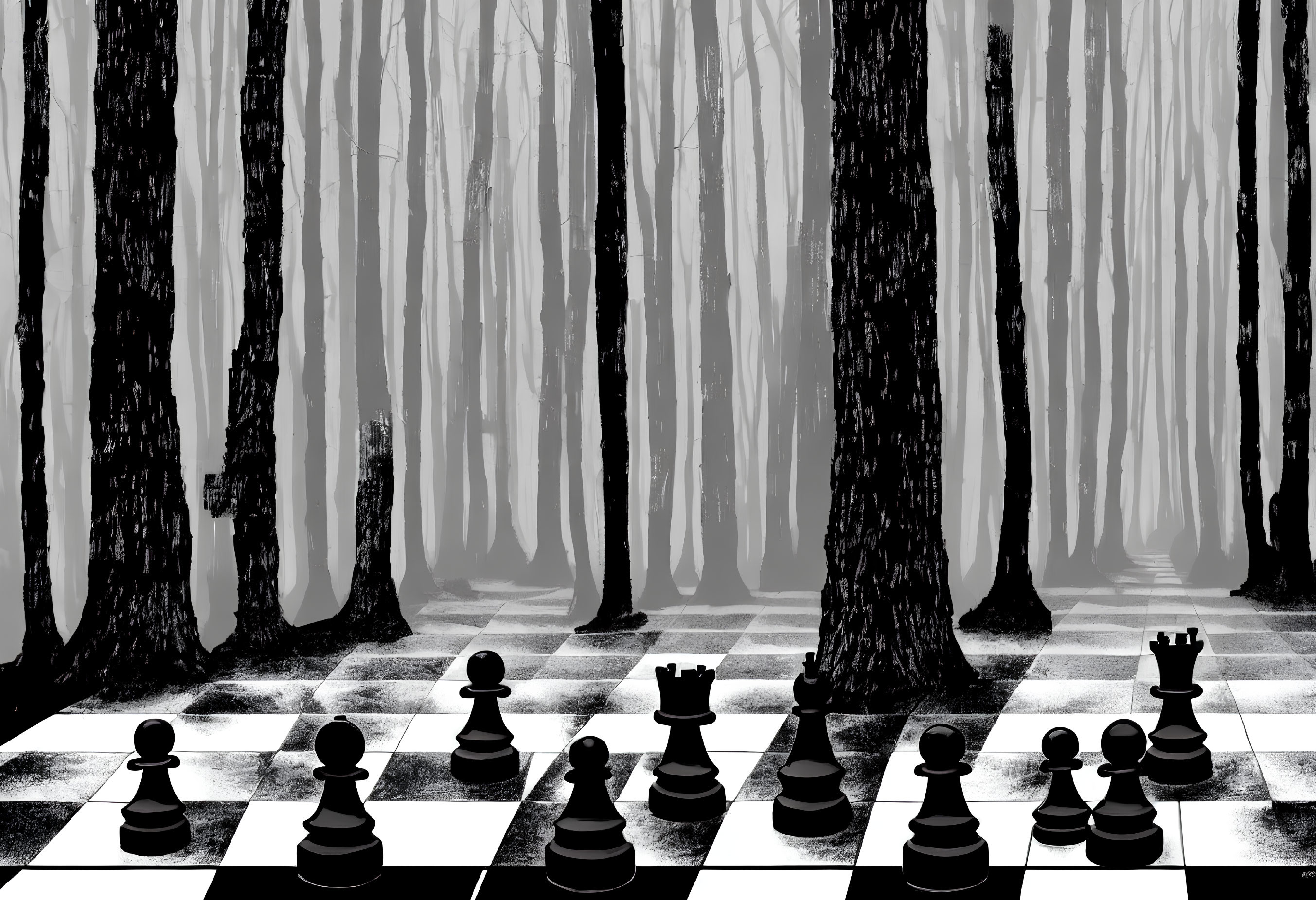 Monochrome Chessboard with Chess Pieces in Misty Forest