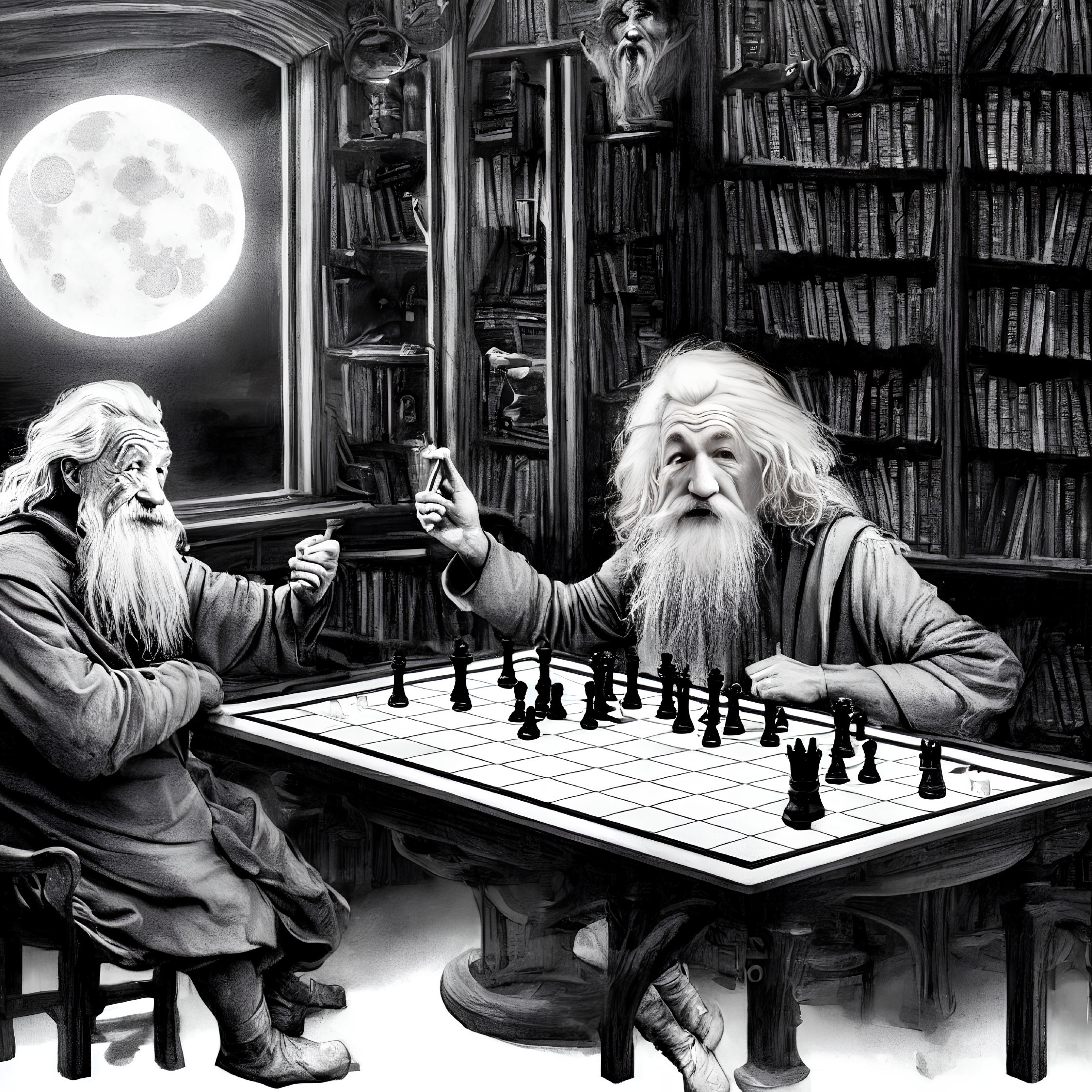 Fantasy scene: Wizards playing chess in moonlit library