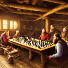 Bearded individuals playing chess in rustic cabin