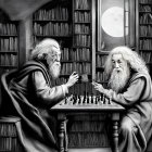 Elderly bearded men playing chess in library under full moon