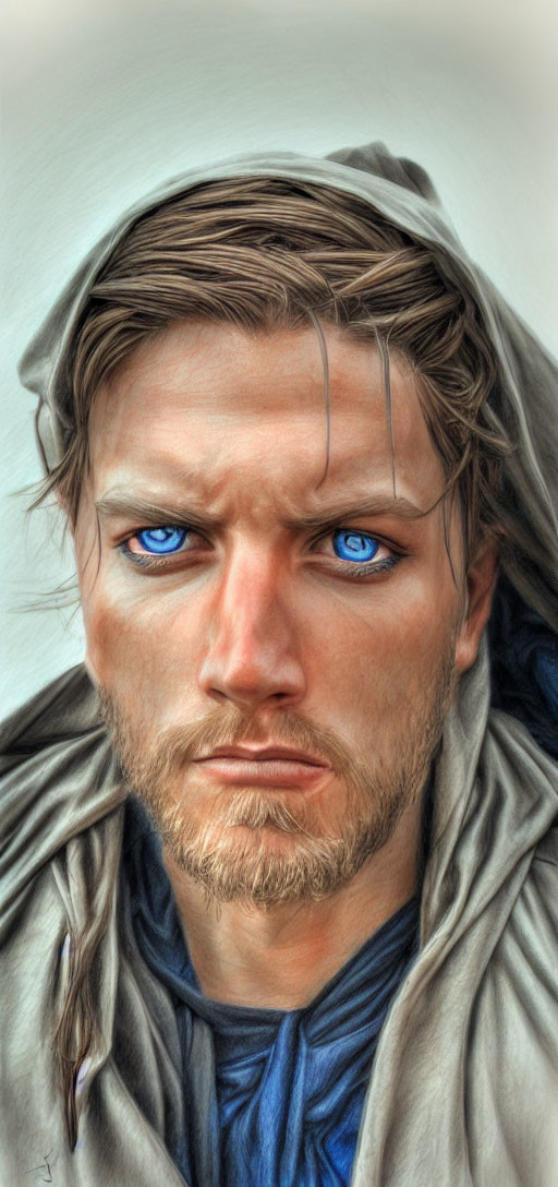 Portrait of a man with blue eyes and hooded cloak