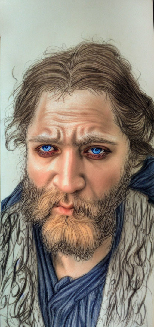 Detailed Drawing of Man with Sorrowful Blue Eyes and Disheveled Hair