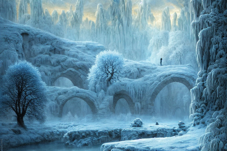 Icy wintry landscape with frost-covered trees and snowy stone bridge