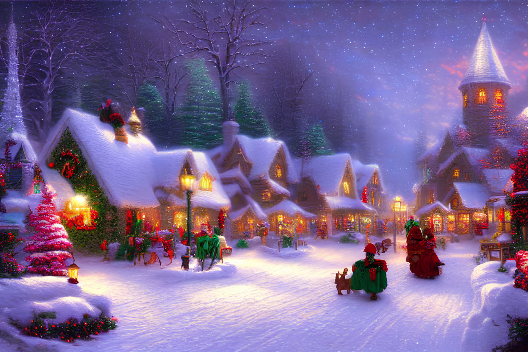 Winter Village Scene: Illuminated Houses, Christmas Tree, Snowfall, Festive Attire