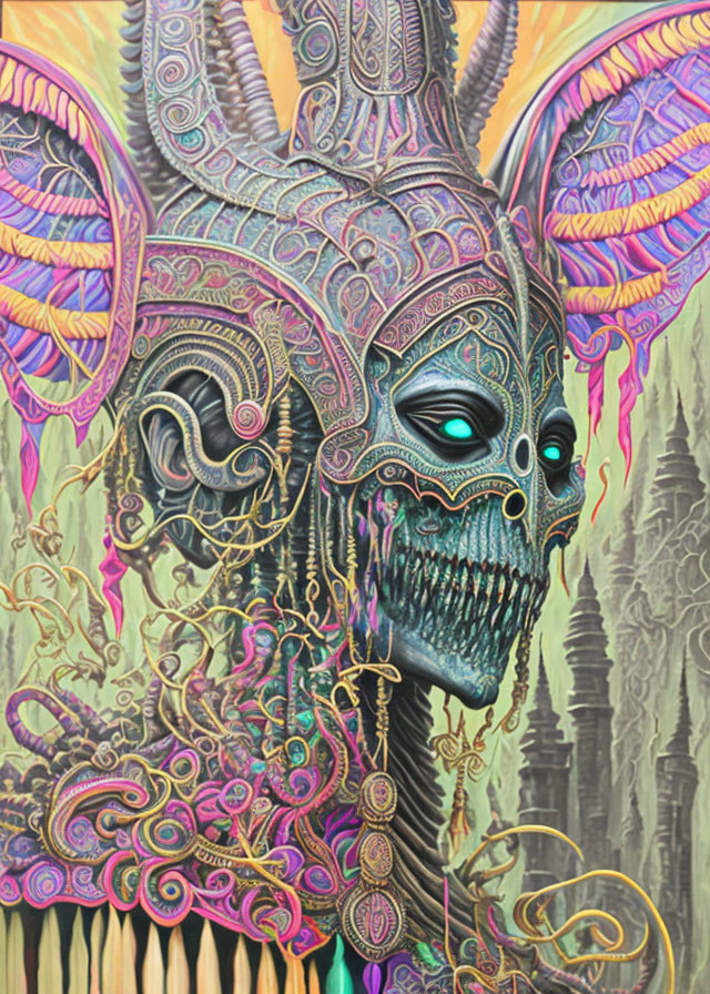 Colorful surreal artwork: Skull figure with butterfly wings in intricate fantasy setting