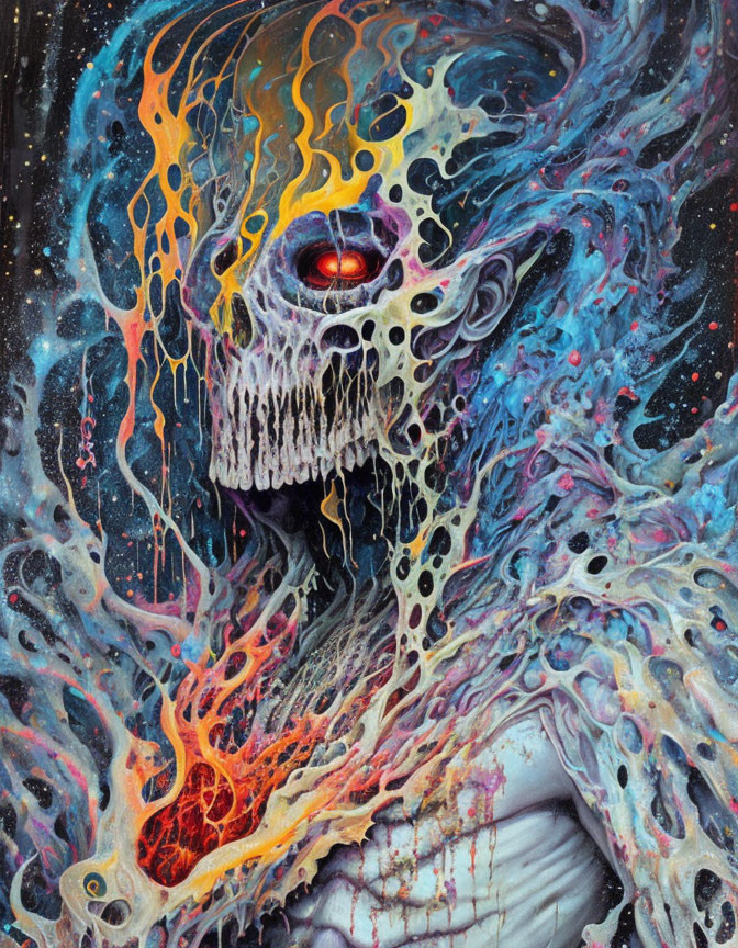 Colorful surreal painting of skull-like figure with cosmic swirls and dripping patterns