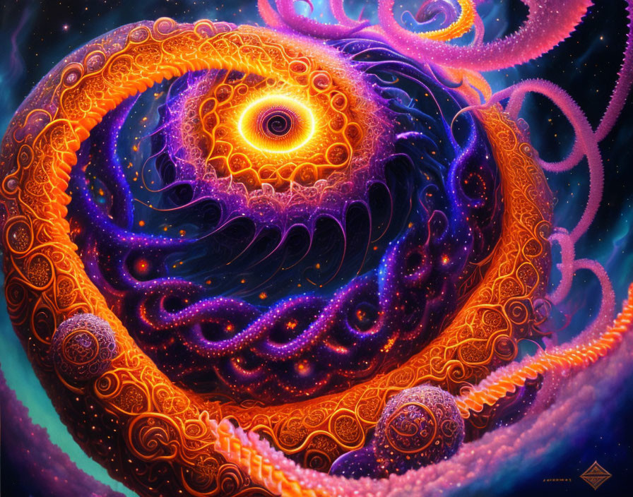 Colorful Psychedelic Tentacle Spiral with Central Eye in Orange, Purple, and Blue