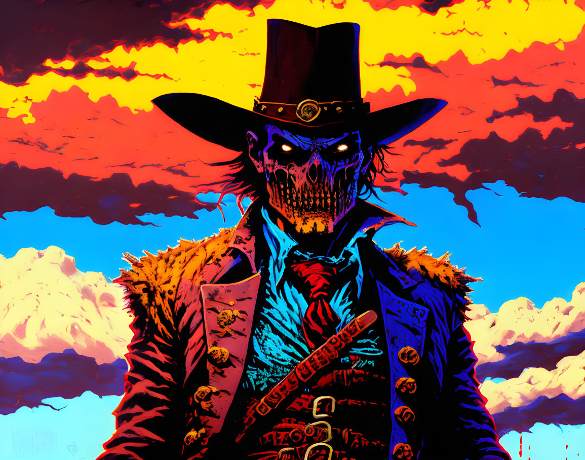 Skeletal cowboy illustration against vibrant sunset skies