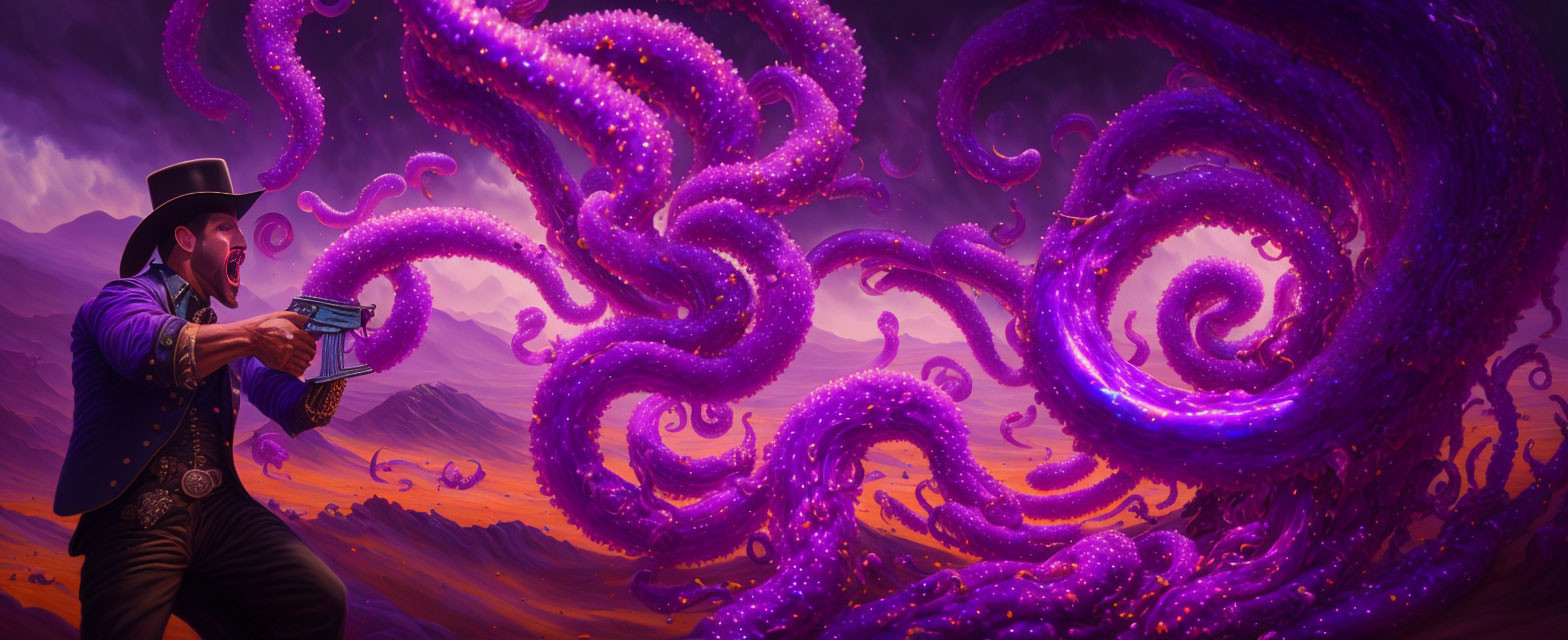 Mysterious figure with glowing device confronts swirling purple tentacles