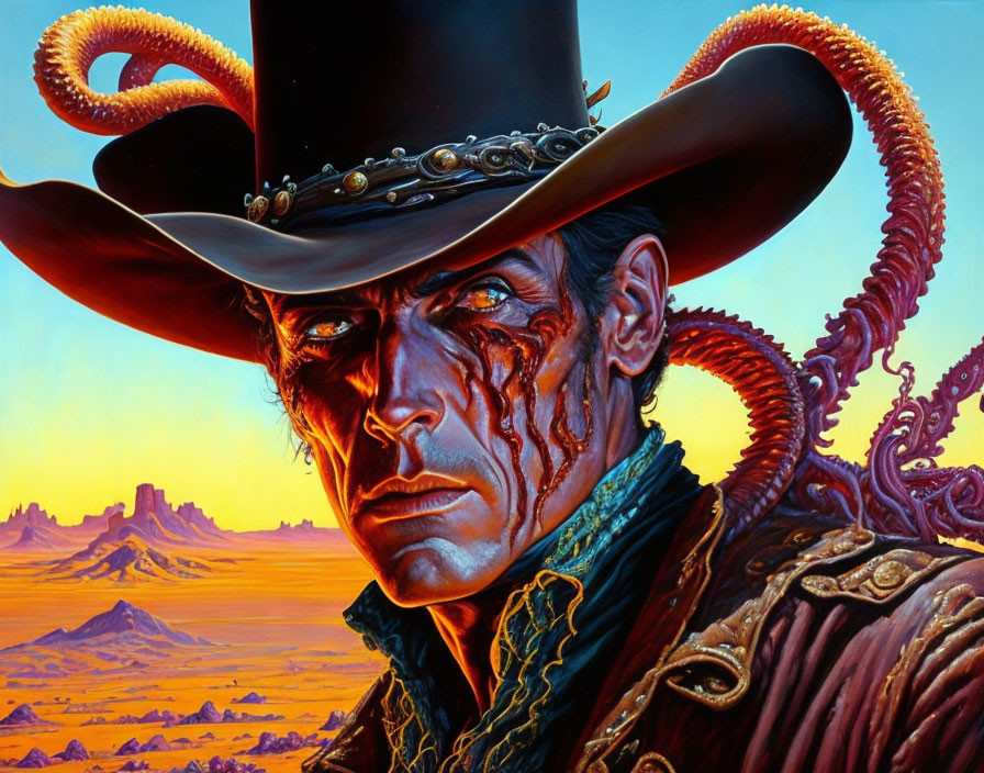 Stern man in cowboy hat with swirling tentacles in desert landscape